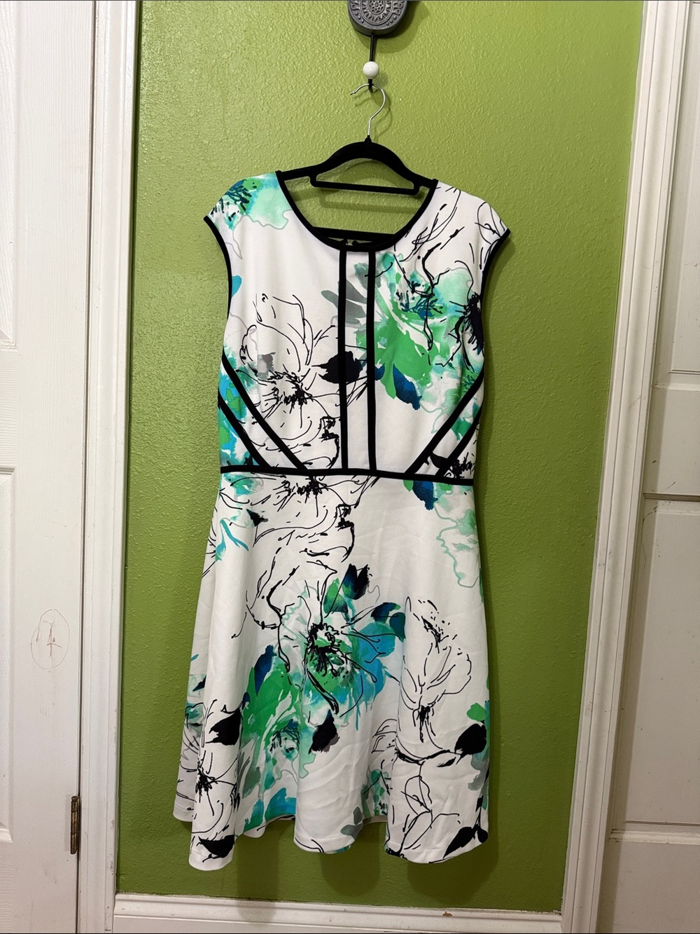 White Floral Fit & Flare Midi Dress with Teal and Green Accents